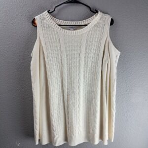 Great Northwest Indigo Womens Ivory Cold Shoulder Cable Knit Sweater Tunic Top L